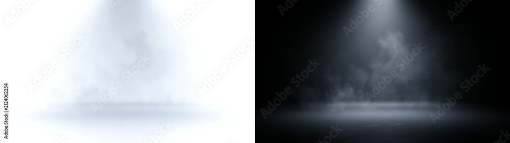 Fototapeta premium Wide blue spotlight through dense fog on an empty stage, on transparent background