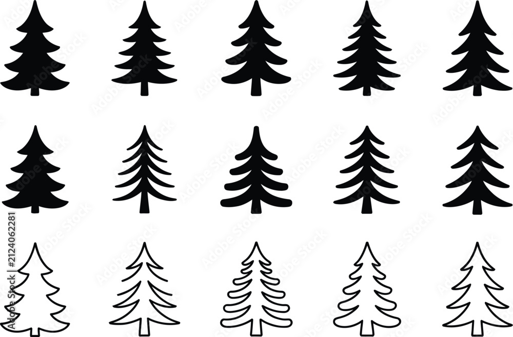 Obraz premium Set of Evergreen Pine Tree Silhouettes and Outline Icons Isolated for Nature Design and Woodland Graphic Projects
