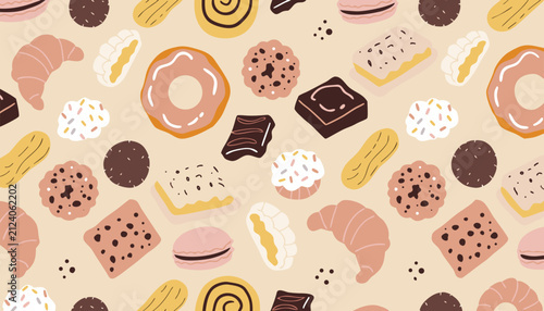 Seamless pattern with various sweet desserts including donuts cookies chocolate bars croissants and cakes on beige base
