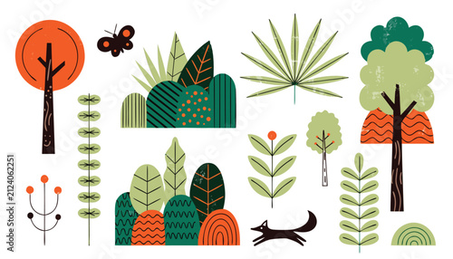 Obraz na plátne Retro style nature elements trees, fox, butterfly, and foliage vector
