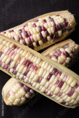 Top view of bicolor purple and white waxy corn on woven fabric