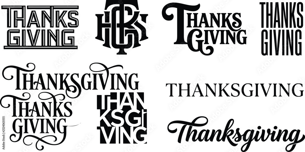 Obraz premium Thanksgiving typography collection. Set of holiday lettering and festive text designs. A collection of various Thanksgiving typography and lettering styles.