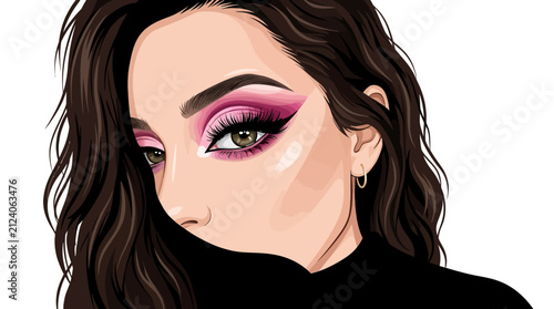 Vector illustration of a beautiful woman with dark wavy hair and pink eyeshadow makeup looking to the side with long eyelashes and winged liner isolated on white background
