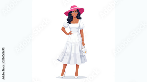 Illustration of a beautiful African American woman wearing a white summer dress and a pink sun hat standing on a white background
