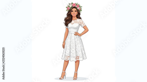 Beautiful cartoon woman wearing a white lace midi dress and a floral crown standing on white background vector illustration