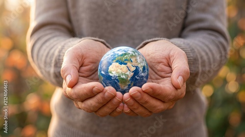 Hands Holding Small Earth Globe Outdoors Environmental Care and Protection Concept
