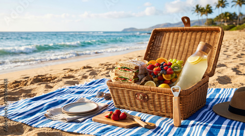 Summer Beach Picnic Basket with Fresh Fruit Sandwiches and Lemonade on Blue Blanket