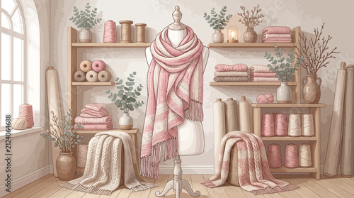 Cozy sewing room illustration with wooden shelves filled with pink thread spools folded fabrics and plants featuring a mannequin wearing a striped scarf