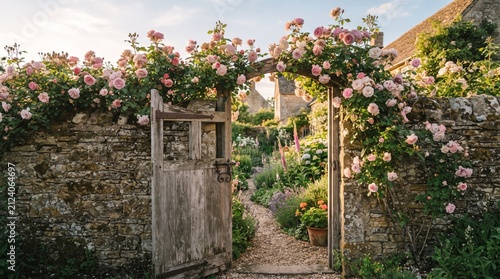 Rustic Wooden Garden Gate with Pink Climbing Roses on Stone Wall Cottage Entrance