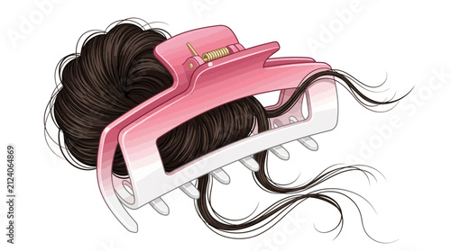 Pink hair claw clip holding dark brown hair bun vector illustration isolated on white background with loose strands and gold spring mechanism beauty accessory design