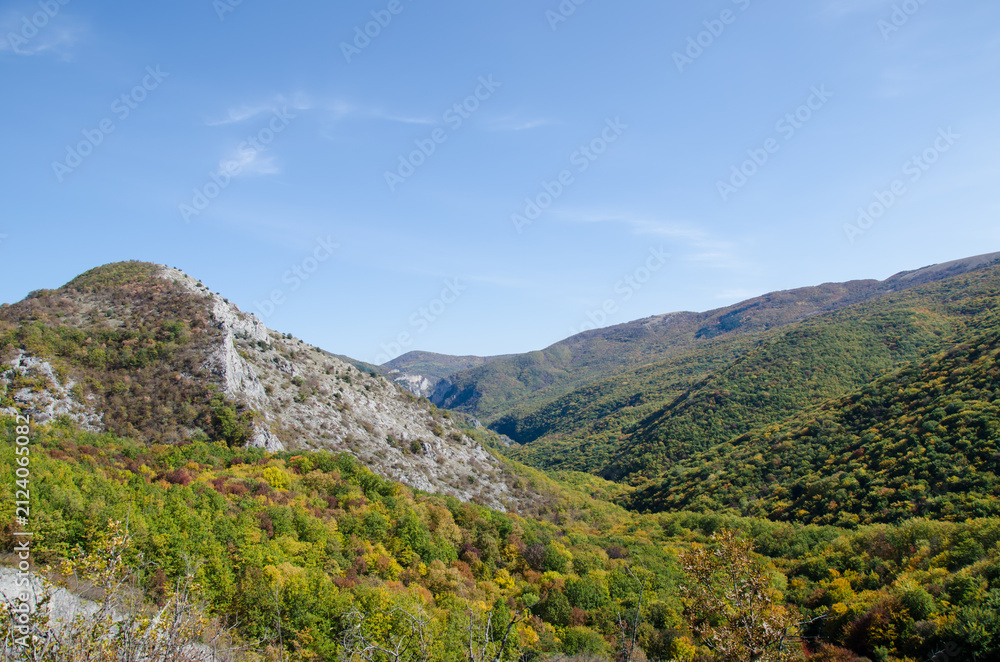 Fototapeta premium Scenic mountain valley with rocky slopes, forested hills and vibrant autumn colors beneath a clear blue sky. 