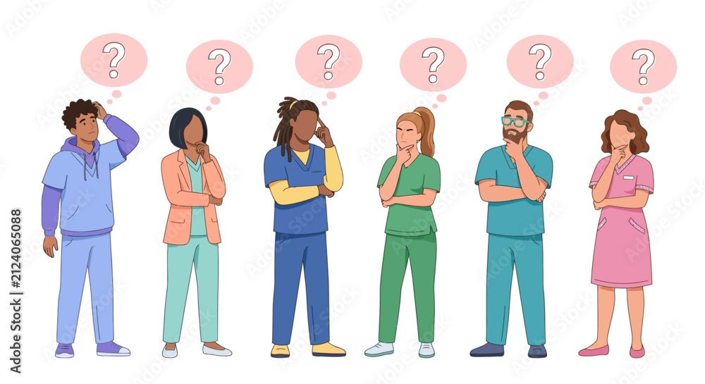 Fototapeta premium Diverse professional employees thinking with question mark bubbles.