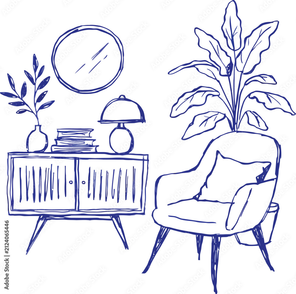Fototapeta premium Hand-drawn interior scene with chair and plants in a minimalist line art style with copy space