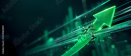 Glowing Green Upward Arrow on Financial Graph Symbolizing Business Growth, Investment Success and Rising Stock Market Trend