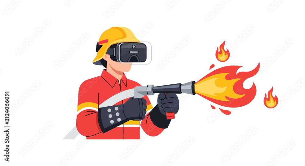 Naklejka premium Firefighter Training with VR Headset Virtual Reality Firefighting Simulation Illustration