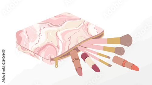 Pink marble makeup bag with brushes and lipsticks spilling out vector illustration beauty accessories