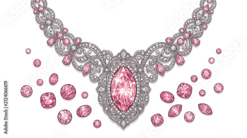Elegant silver necklace with large pink ruby gemstones and scattered crystals vector illustration on white background luxury jewelry design