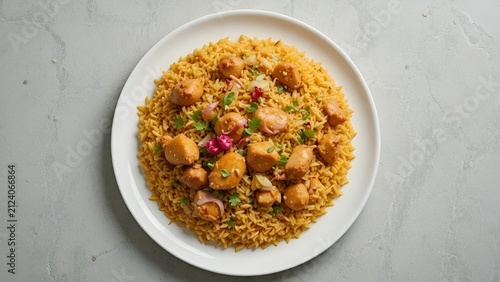 Delicious Indian Dish Chicken Biryani with Basmati Rice on Plate Top View