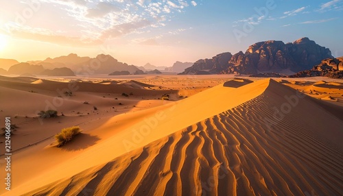 Majestic desert landscape at sunset with sand dunes and distant mountains.