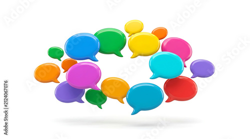 Colorful glossy 3D speech bubbles isolated on white background, representing communication, social media, messaging and creative digital interaction concepts.