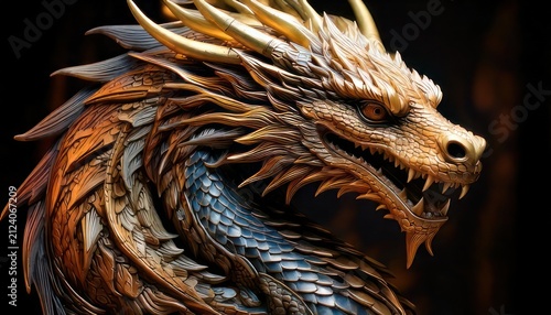 Majestic Dragon Head Sculpture with Intricate Details and Fiery Eyes.