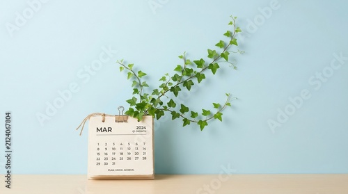 March calendar with a green ivy plant growing out of it symbolizing long term strategy and business growth planning on a blue background