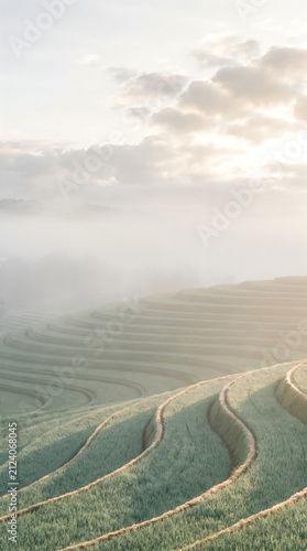Beautiful green rice terraces in the mountains with a cloudy sky at sunset time
