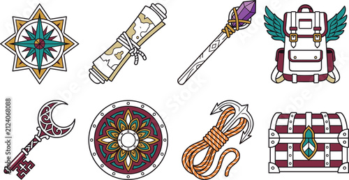Fantasy Adventure Equipment Collection with Compass Scroll Magic Staff Shield Backpack and Treasure Chest