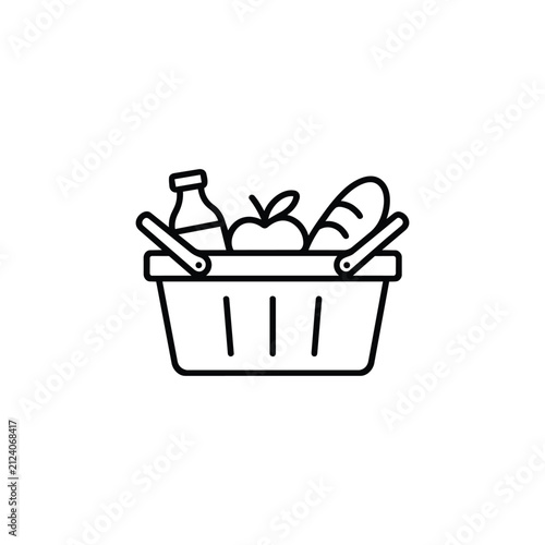Grocery basket filled with food icon for supermarket marketplace category, fresh produce shopping and online grocery delivery