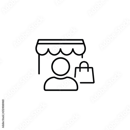 Marketplace seller icon with person, storefront and shopping bag for online merchant account, retail service and customer shopping
