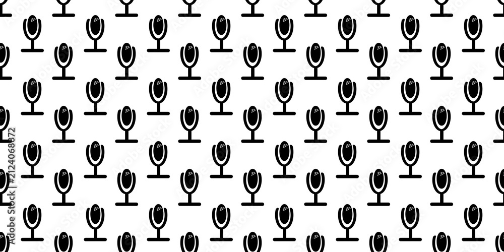 Fototapeta premium Seamless pattern of black vintage microphone icons on a white background. Perfect for podcast, music, radio, broadcasting, and audio concept design.