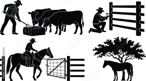 Set of farm and ranch life silhouettes featuring cowboys feeding cattle, riding horses, and repairing fences isolated on white