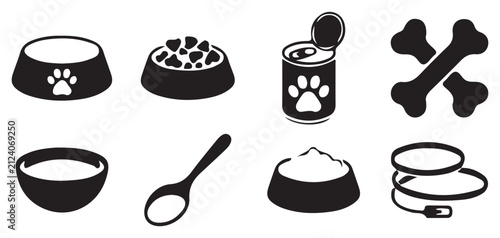Картината върху платно Pet food icons set with dry food bowl, canned food, spoon and paw print