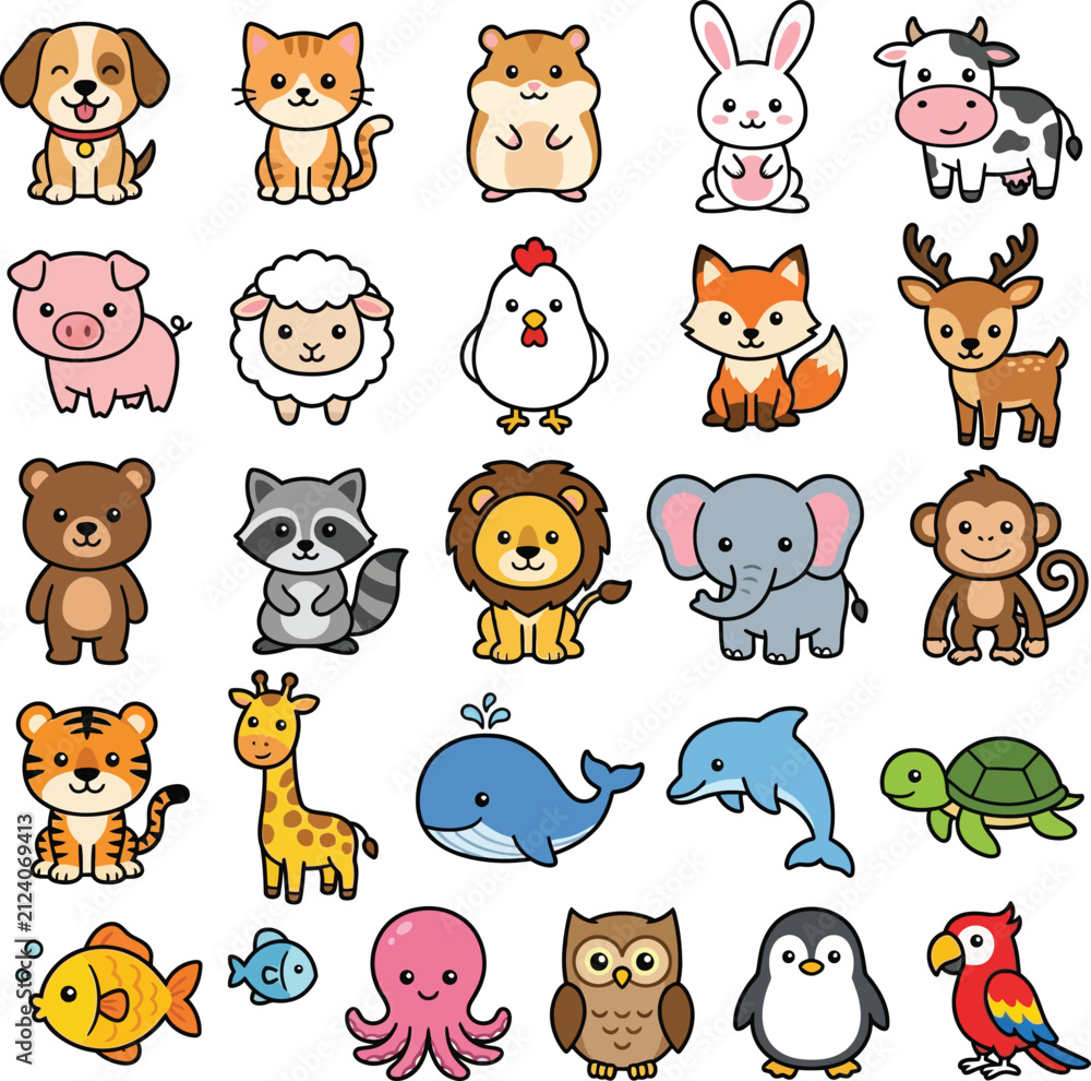 Obraz premium Set of cute cartoon animals and wild creatures collection