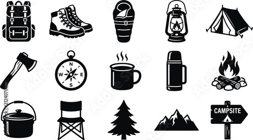 Outdoor camping activity icons and survival gear illustrations with adventure backpack mountain