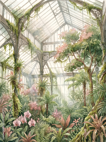 Beautiful lush indoor garden with many green plants and colorful blooming flowers