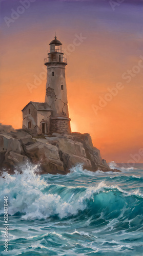 Old lighthouse standing on a rocky cliff by the ocean at a beautiful sunset