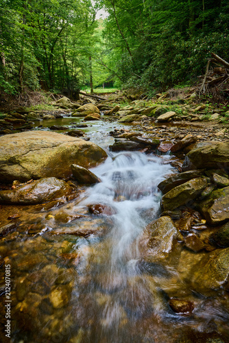 Curtis Creek after the devastation of Hurricane Helene by Curtis Creek Campground in the Pisgah National Forest North Carolina.