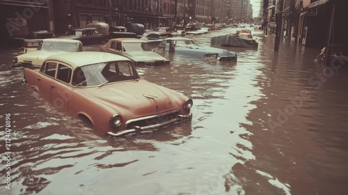 Cars submerged in floodwaters on city streets
