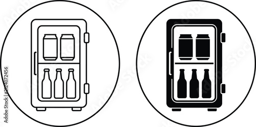 Beverage cooler refrigerator icon set with canned and bottled drinks for hospitality and retail applications, refrigerator