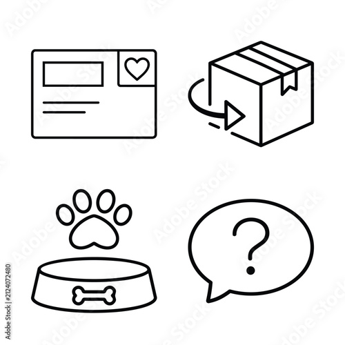 Marketplace customer service icon set with profile card, return package, pet supplies bowl and question speech bubble symbols