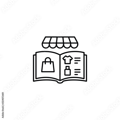 Marketplace catalog book icon with storefront, shopping bag, clothing and bottle categories for ecommerce product browsing