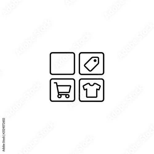 Marketplace category grid icon with product tag, shopping cart and clothing tile for ecommerce navigation and catalog sections