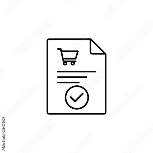 Approved purchase order document icon with shopping cart and check mark for marketplace checkout, ecommerce confirmation and invoice
