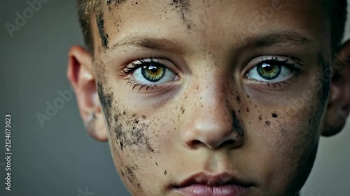 Close up portrait of young boy with dirt on face looking at camera, extreme close up