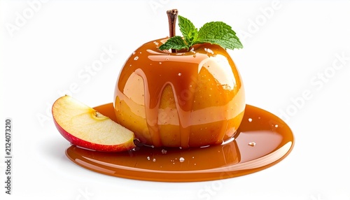 sweet caramel coated apple dessert on white background