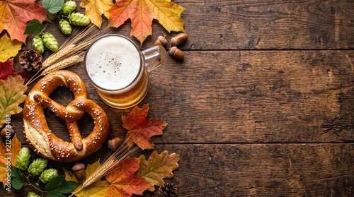 Traditional Oktoberfest beer festival banner with frothy lager, freshly baked pretzel, colorful autumn leaves, hops and rustic wooden background with copy space for seasonal promotions