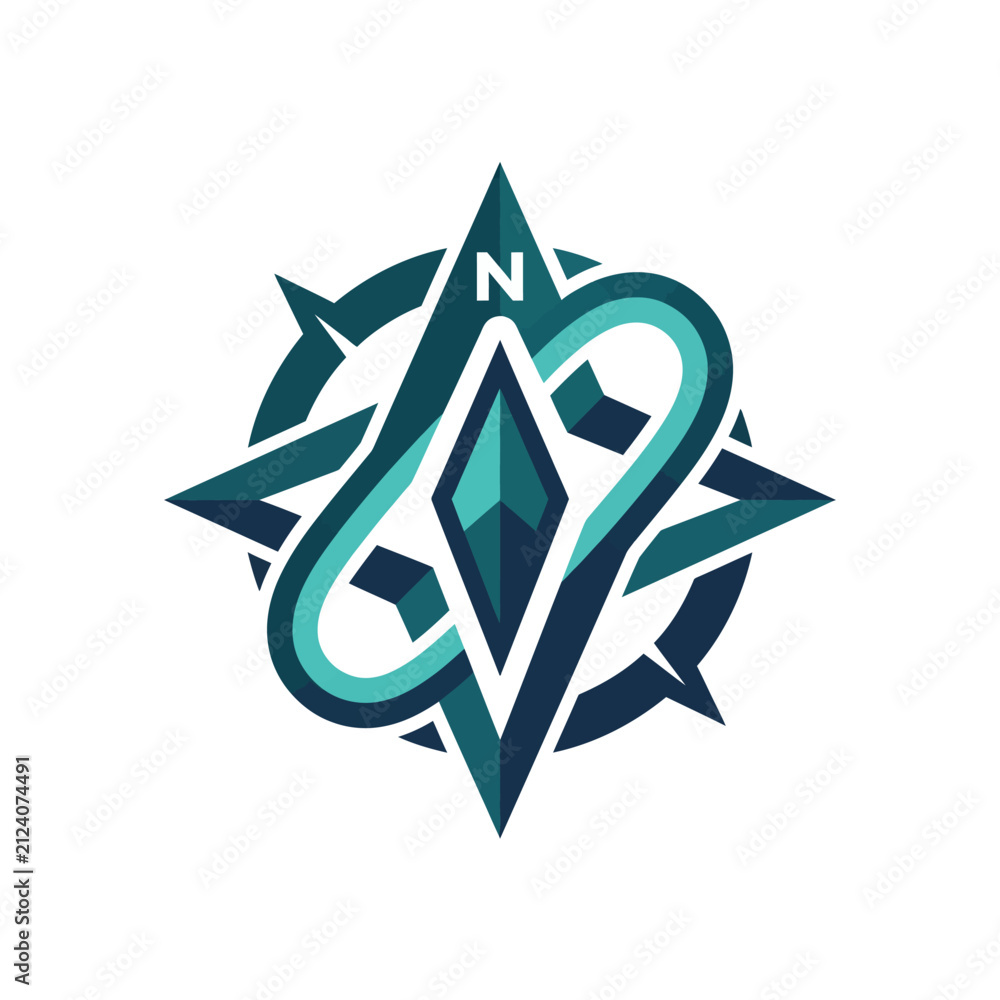 Fototapeta premium A stylized compass rose logo featuring a central diamond and a looping orbital element.