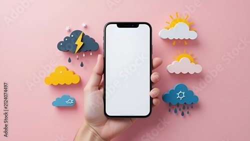 3D Hand Holding Smartphone Mockup with Weather Forecast Icons popping out on Pink Background