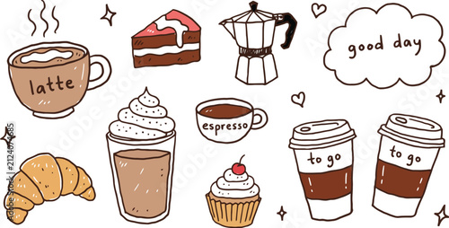 Whimsical hand drawn coffee shop treats and drinks arranged on a white background during a bright day